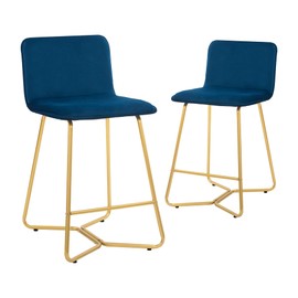 CangLong Upholstered Counter Stool Chair with Polished Gold Metal Frame, Set of 2, Blue