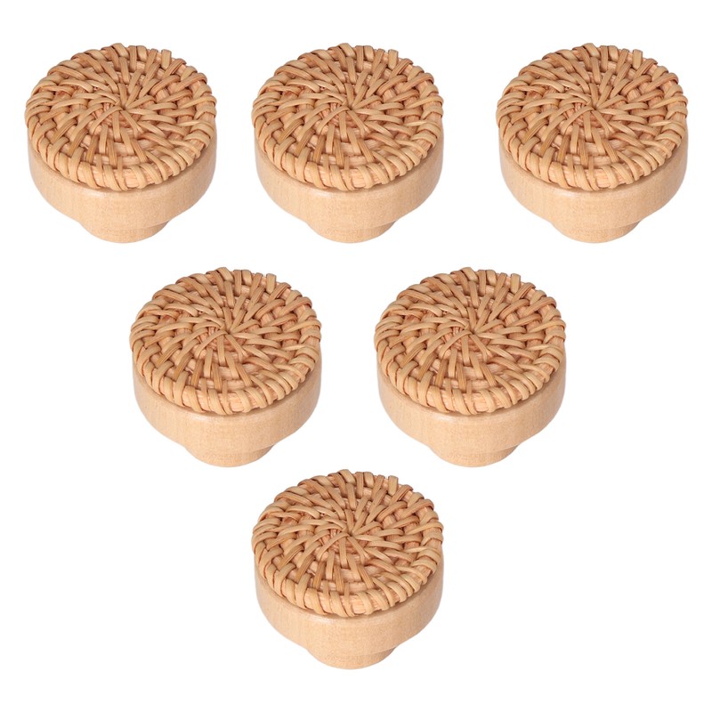 6pcs Round Drawer Knobs Wood Rattan Woven Handmade Drawer Pulls