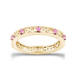 Jewel Zone US Round Cut Pink Simulated Tourmaline Stackable Ring in 14K Yellow Gold Over Sterling Silver