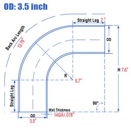3.5 Inch 90 Degree Exhaust Elbow pipe, Stainless Mandrel Bend Elbow - 2" Leg- 14GA/. 078" Wall - Thickned 2mm SS304 Stainless Steel Piping Tip for Automotive Exhaust (OD: 3.5 ")