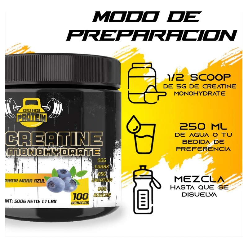 Creatina Monohidratada 500g Guns En Polvo Varios Sabores Mora Azul