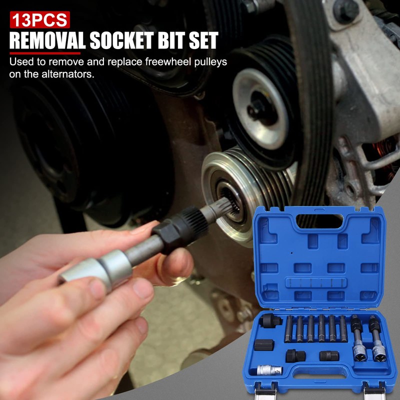 EVTSCAN 13pcs Alternator Freewheel Pulley Removal Tool Kit, Heat-Treated Carbon