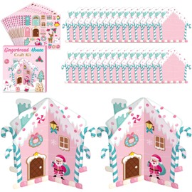Aginc Berry Christmas Gingerbread House Craft - 24Set Make Your Own 3D Pink Gingerbread House Craft Kit for Kids Xmas Art Project Set with Stickers for Winter Christmas Party Favor Classroom Activity