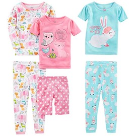 Simple Joys by Carter's Girls' 6-Piece Snug Fit Cotton Pajama Set, Blue Bunny/Pink Dots/White Forest Animals, 8