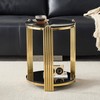 Glass Round End Table with 2-Tier Storage, Black Tempered Glass