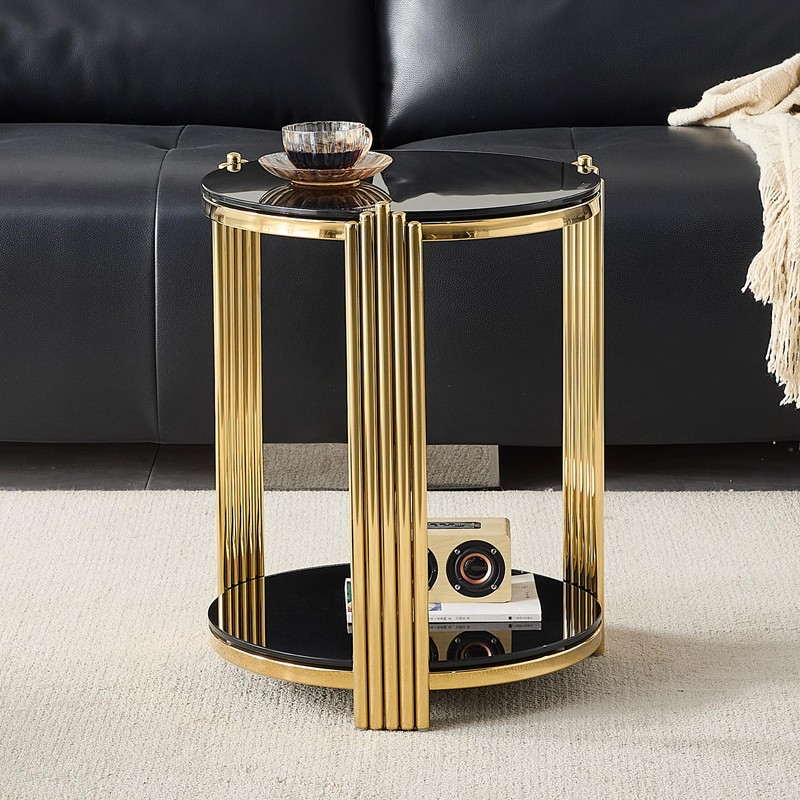 Glass Round End Table with 2-Tier Storage, Black Tempered Glass