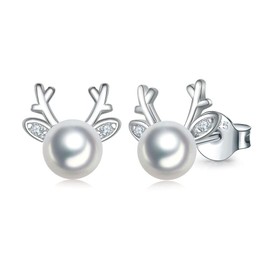 925 Sterling Silver Pearl Stud Earrings for Women, Hypoallergenic Cute Reindeer Deer Stud Earrings Christmas Gifts Birthday Present