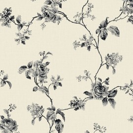 Wallquest Wallpaper Black Charcoal Gray Rose Floral Vine on Beige Faux