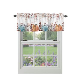 Fall Thanksgiving Kitchen Curtains Valances for Windows Watercolor Autumn Pumpkins Eucalyptus Leaves Rod Pocket Window Treatment for Kitchen /Living Room/Bedroom/ Bathroom,54" X 18" , Blue Orange