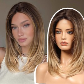 EMMOR Short Layered Wigs,Natural Medium Length Central Lace Layered Wigs, Premium Heat-Resistant Synthetic Straight Wigs for Women Daily Use(Ombre Light Brown)