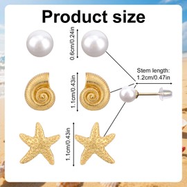 3 Pairs Beach Earrings Set, Gold Starfish Conch & Pearl Seashell Studs for Women Summer Vacation Theme Jewelry Accessories