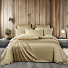 Boqingzhu Bamboo Bed Linen 135 x 200 cm Gold Khaki Plain Single Bed Luxury Lyocell Silk Bed Linen Set Duvet Cover with Zip and Pillowcase 80 x 80 cm