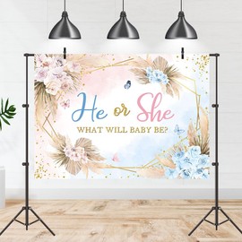 Tcoyodw Boho Gender Reveal Backdrop 7x5ft He or She Pampas Grass Boho Floral Photography Background Pink or Blue Gender Reveal Party Decorations Banner Photo Studio Props