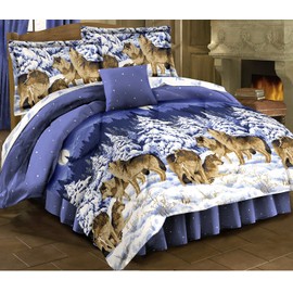 Wolves Midnight Blue Twin Comforter Set + Twin Sheet Set Wildlife Lodge Cabin (Bed in A Bag) (6pc Twin Size)