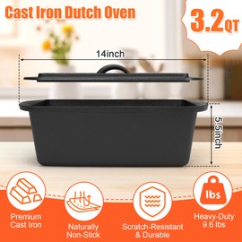 QuliMetal 14×5.5 Bread Loaf Pan, Oval Cast Iron Bread Pan With Lid,Sourdough Artisan Bread Baking Pan, Pre-Seasoned, 3.2QT, With Sourdough Starter Kit, Sourdough Artisan Bread Baking Pan