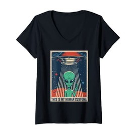 Womens This Is My Human Costume Alien Costumes Funny Alien V-Neck T-Shirt