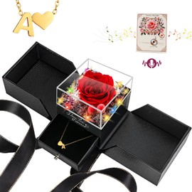 Preserved Forever Rose Initial Necklaces - Preserved Flowers Gifts Box with Heart Initial Necklace for Women Wife Girlfriend Couple Ladies Mother Her on Valentines Anniversary Mothers Day