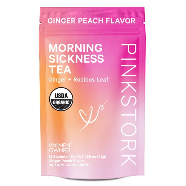 Pink Stork Organic Morning Sickness Pregnancy Tea - Prenatal Heartburn, Indigestion, and Constipation Support - 1st Trimester Pregnancy Must Haves - Ginger Peach, 15 Sachets