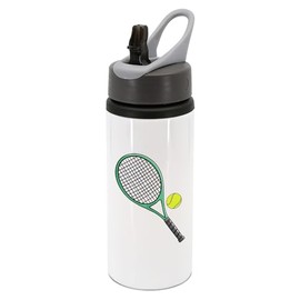 Green and black tennis racket with tennis ball water bottle with handle, drinks bottle, crinks cup, hydrate, water