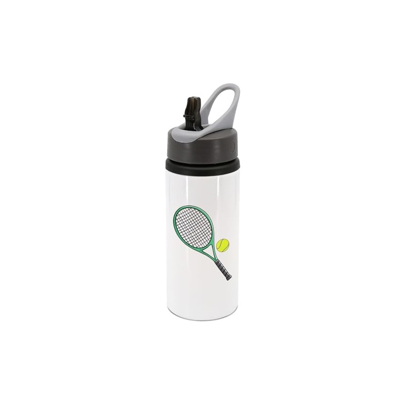 Green and black tennis racket with tennis ball water bottle