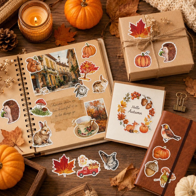 50Pcs Autumn Theme Scrapbook Sticker,Autumn Leaves Animals Maple Leaf Theme