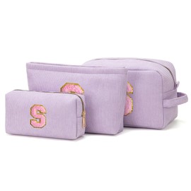 Viverte Makeup Bag Cosmetic Bag for Girls with Initial Letter Patch 3 Pieces Corduroy Travel Toiletry Make Up Brush Bag Pounch Organizer Preppy Things Cute Stuff Gifts for Teen Girls (Lavender S)