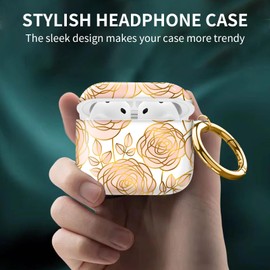 Compatible with AirPods 4th Generation Case 2024, Shockproof Cover with Golden Buckle for Women & Girls, Protective Anti-Drop Design(Cute Gold Flower)