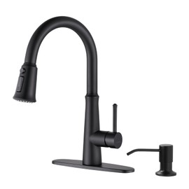 WOWOW Kitchen Faucet with Sprayer,Black Single Handle High Arc Stainless Steel Kitchen Faucet Tap with Pull Down Sprayer for Sink 2 or 4 Hole,Pull Out Kitchen Faucet with Deck Plate & 3 Functions