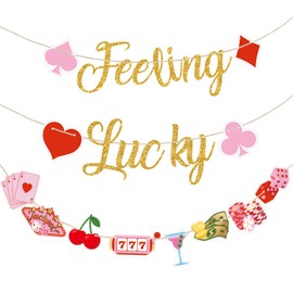 Epakh 3 Pcs Feeling Lucky Banners Casino Bachelorette Decoration Pink Red Gold Glitter Dice Poker Banner for Girls Las Vegas Casino Night Birthday Party Decoration Supplies