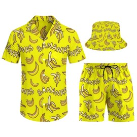 QSDETG Men's Bananas Shirt Hawaiian Outfit Set Beach Shirt and Shorts with Bucket Hats 3 Piece Beach Tropical Hawaii Suits 2XL