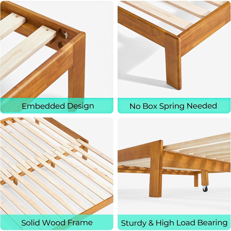 LINSY Wood Bed Frame Full Platform Bed, Retractable Bedframe with