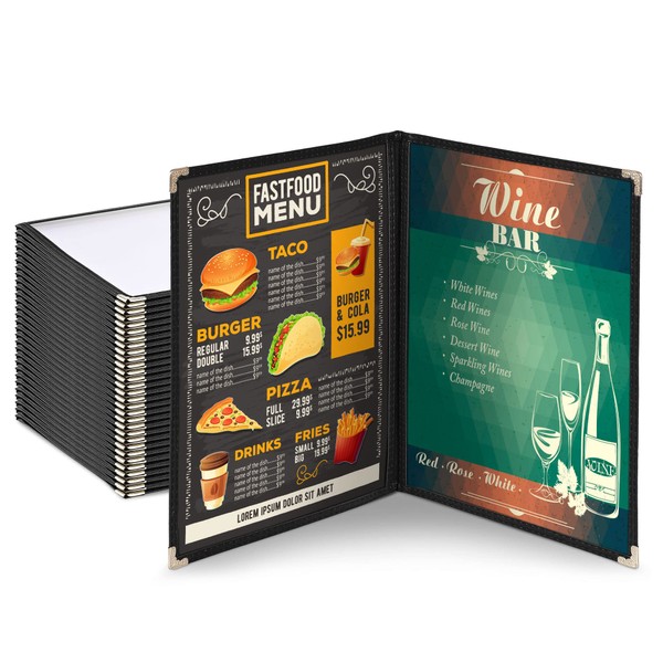 WeChef 30 Pack Restaurant Menu Covers 8.5 x 11 Double Fold 2 Pages 4 Views Black