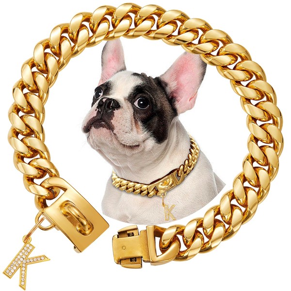 Gold Dog Chain Collar with Buckle,14MM Wide，Strong Steel Metal Chains