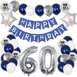 60th Birthday Decorations for Men and Women, 60th Birthday Party Supplies with HAPPY BIRTHDAY Banner and Number 60 Balloons, Silver Navy Blue Theme Party for 60 Years Old Birthday Decorations