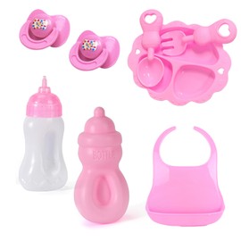 PFLYPF 8 Pieces Baby Doll Feeding Set, Equipped with 2 Suction Bottles, 2 Pacifiers, Bibs, Plates, Spoons, Forks, Doll Accessories Set for Boys and Girls