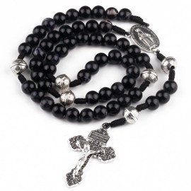 HanlinCC 10mm Beads Catholic Rosary Necklace with Miraculous Center piece and Pardon Crucifix with Gift Box for Men and Women (Black Rosary)