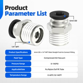 Hoodutric Push to Connect Fittings, 6mm Tube OD x 1/4 Inch NPT Thread Push to Connect Fitting Male Straight Quick Connect Fittings- 10 Pack