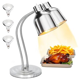 JOHAKYU 500W Commercial Food Warmer, 2-Head Adjustable Food Warming Lamp with 3 Bulbs | Stainless Steel Catering Heating Light for Restaurants, Kitchens & Buffets - Silver