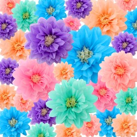 18 Pcs Mexican Paper Flowers Colorful Fiesta Tissue Paper Flowers Pom Poms Mexican Carnival Paper Flowers for Floral Party Backdrop Wedding Birthday Party Craft, 6" 8" 10" (Colorful)