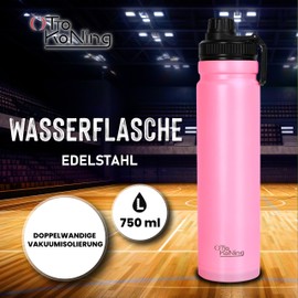 Otto Koning Stainless Steel Water Bottle, 750 ml, Thermal Water Bottle, Stainless Steel, Double-Walled, Vacuum Insulated, BPA-Free, Lightweight and Portable, No Condensation, 16 Hours Cold/10 Hours