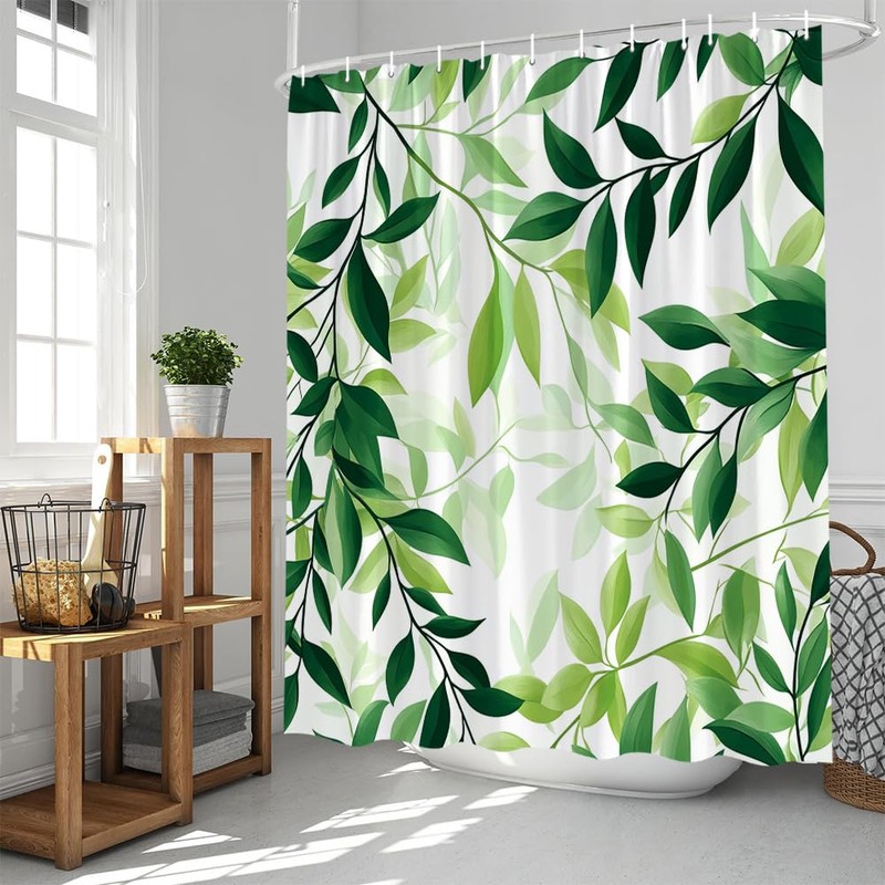 Green Leaves Shower Curtain Rustic Green Plants Nature Botanical Minimalism