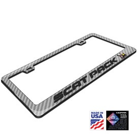 iPick Image Compatible with Dodge Scat-Pack Full Color in 3D Silver Real 3K Carbon Fiber Finish ABS Plastic License Plate Frame
