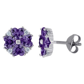 925 Sterling Silver Womens Purple Cubic Zirconia Love Heart Flower Motif Stud Earrings 9.2mm W-Stud Earring for Women