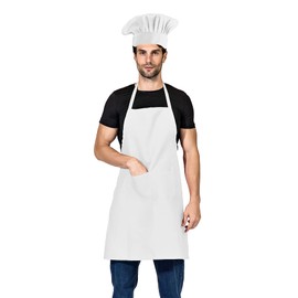 TSD STORY White Chef hat and Apron for Adults Men Women, Cooking Grilling BBQ Kitchen Chef Apron and Butcher Hat Set (1, White)