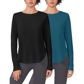 PINSPARK Athletic Tops for Women UV Protection Shirts with Side Slit 2 Pack Lightweight for Camping Hiking Gym Running Biking, Black/Dark Blue M