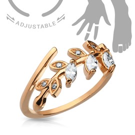 Bungsa Crystal Leaves Toe Ring Cubic Zirconia ~ Available in Gold, Rose Gold and Silver ~ Brass Rhodium for Women (Toe Ring Foot Jewellery Foot Ring Toe Ring Nail Ring Bendable Adjustable), Brass,