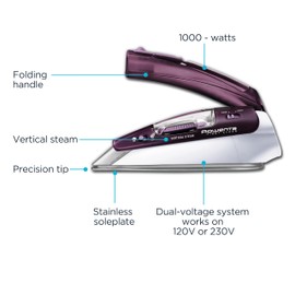 Rowenta Travel Iron, Pro Compact Stainless Steel Soleplate Hand Held Steamer Iron for Clothes, 200 Microsteam Holes, 1000 Watts Ironing, Fabric Steamer, Dual Voltage, Mini Iron, Purple, DA1560