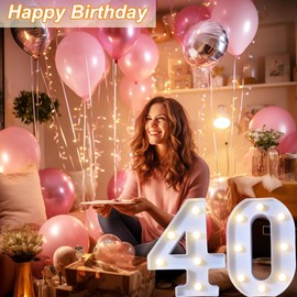 40th Birthday Decorations for Women, Light Up Numbers for Birthday, Lighted Marquee Number Sign for Party Wedding Anniversary Backdrop Wall Decor, White Number 40
