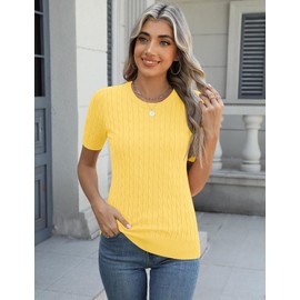 Micoson Womens Short Sleeve Sweater Cable Knit Tops Crewneck Lightweight Spring Summer Shirts Business Dressy Casual Outfits Yellow XXL