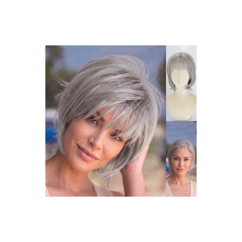 Soft Light Gray Bob Wig for Older Women, 12 Inch
